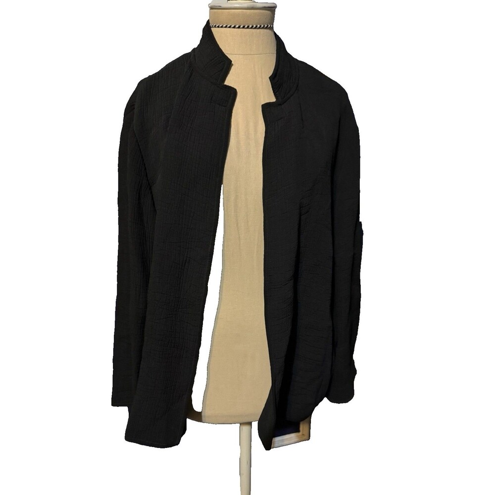 Eileen Fisher Silk Blend Black Open Front Jacket Blazer Office Minimalist M